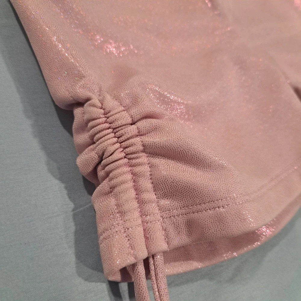 Justice Girls Rose Pink Shimmer Metallic Cinched‎ Side Active Shorts XS 5/6